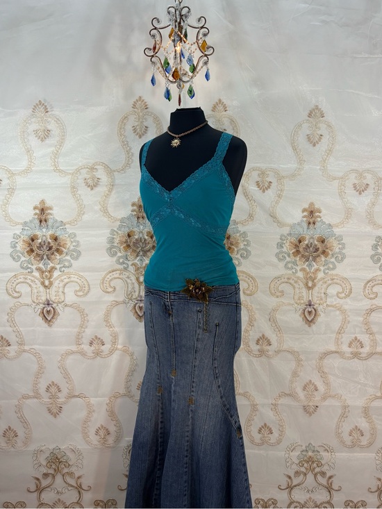 Bisou Bisou Tops - ✨Vintage Y2K Teal Mesh Lace Trim Cami✨